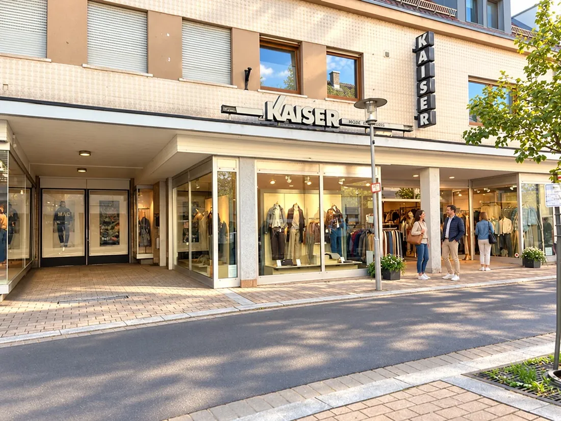 Modehaus Kaiser in Alzenau mit beleuchteten Schaufenstern und Menschen vor dem Eingang