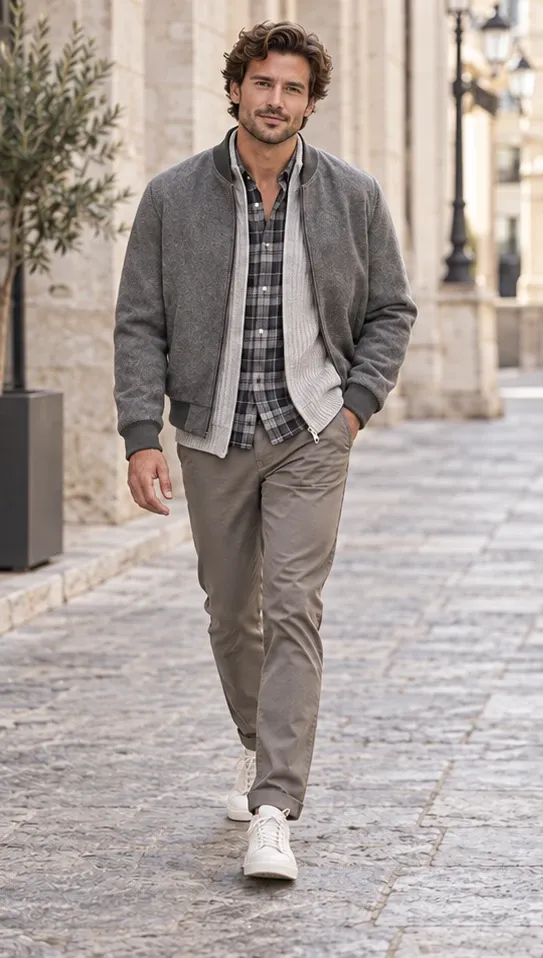 Herrenmodel mit grauer Jacke, Zippstrickjacke, Karohemd und Hose